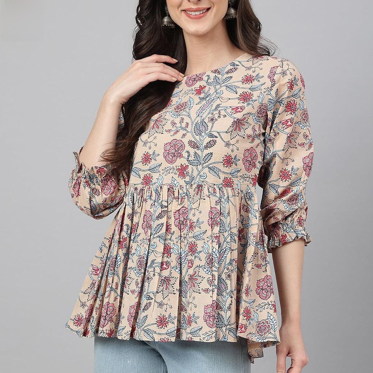 Shreem Beige Cotton Floral Print Peplum Top For Women