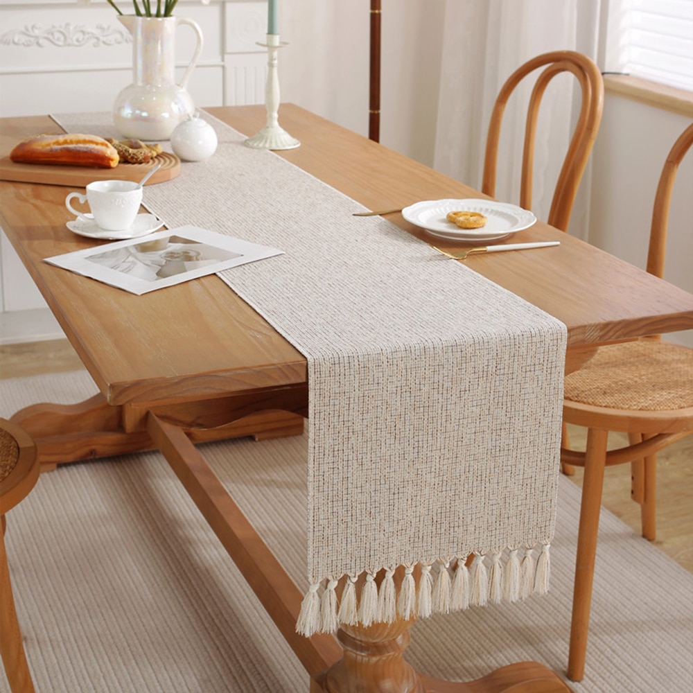 4/6/8/10 Seaters Light Luxury Style Solid Color Gold Jacquard Table Runner Modern Tassel Table Runner Black Dining Table Runners with Cotton Linen Table Cloth for Home Hotel Wedding Table Decoration