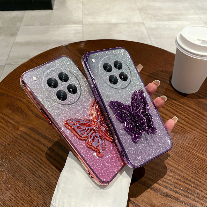 For Redmi 14C Case with Cute Butterfly Stand Luxury Slim Gradient Clear Plating Glitter Girls for Xiaomi Redmi 14C Back Cover.