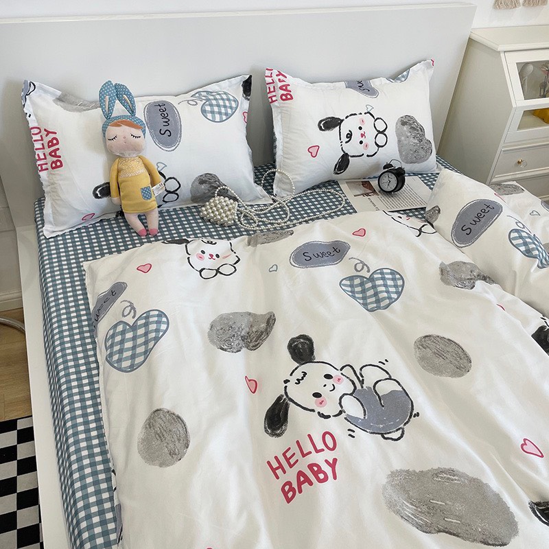 Chăn ga gối cotton poly - Mẫu gấu tim xanh