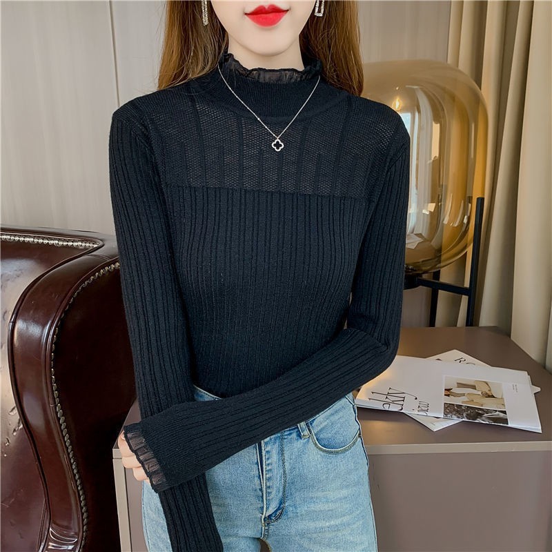 Áo len nữ cao cổ phối ren áo len cổ lọ nữ tính phong cách mùa thu đông áo giữ nhiệt