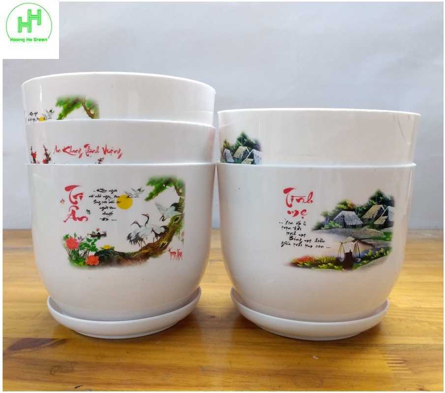 5 chậu nhựa tròn sứ 140x115 có kèm đĩa lót - nhựa đức minh
