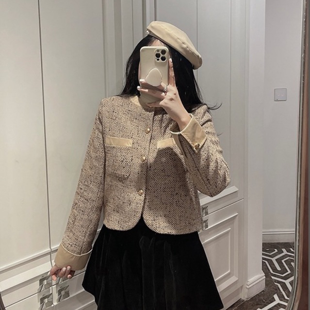 Áo khoác dạ nữ nâu phối tay sang chảnh