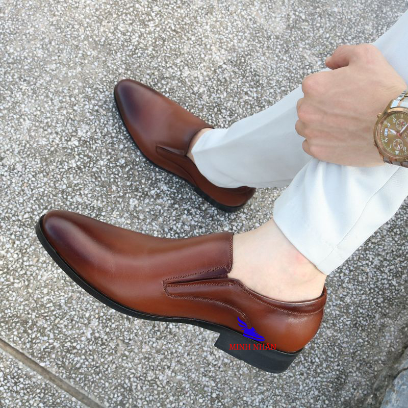 Xưởng giày Minh Nhân- Giày công sở da bò tây nam giày lười công sở nam da bò giày xỏ nam không dây sang trọng hàng hiệu giá rẻ da bò nguyên tấm L-29 màu nâu