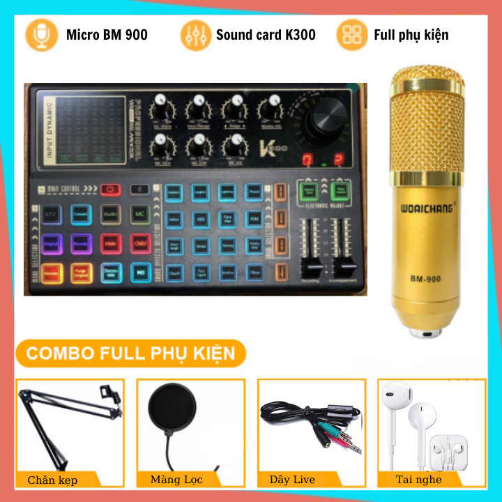 Combo Sound Card K300 Micro Bm900 Hát Thu Âm Livestream Karaoke online chân kẹp+lọc âm bảo hành 6 tháng