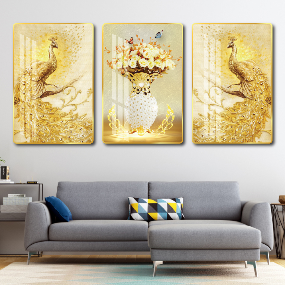 (Tặng đinh treo) Tranh chim công hoa mẫu đơn Abstract painting Tranh tráng gương chim công tranh tranh khổ lớn 40x60cm tranh phong thủy treo phòng khách