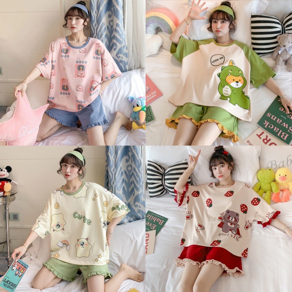 Đồ bộ NỮ mặc nhà chất coton đẹp mềm mát áo cộc quần đùi, in hình dễ thương BC09
