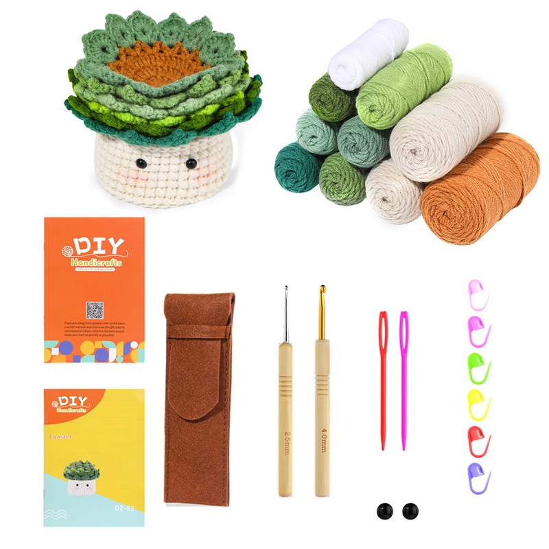6Piece Crochet Kit for Beginners Coasters in A Plant Pot Crochet Start Kit Beginner Crochet Kit with Crochet Hooks, Yarn
