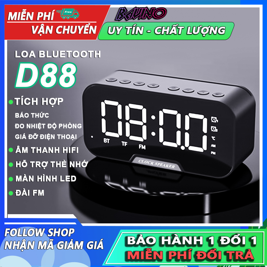 Loa không dây D88 tích hợp đo nhiệt độ phòng, loa kiêm giá đỡ điện thoại, đồng hồ báo thức, loa bluetooth 5.0, loa mini âm thanh hifi