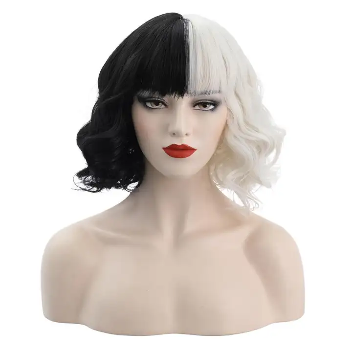 Lomg Cosplay Wigs Half Black And Half White Short Curly Wig Cosplay Costume Hair Styling Accessories For Halloween Carnival And Party Lazada