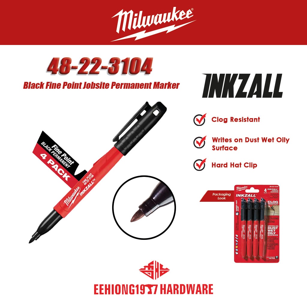 Milwaukee 48-22-3104 - INKZALL Black Fine Point Marker, 4 Pack