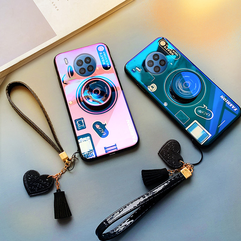 Gloden tree For Huawei Nova 8i Lite Case Camera Pattern + Stand + Beautiful Tassel Hand Strap Protective Back Cover Couple Cases