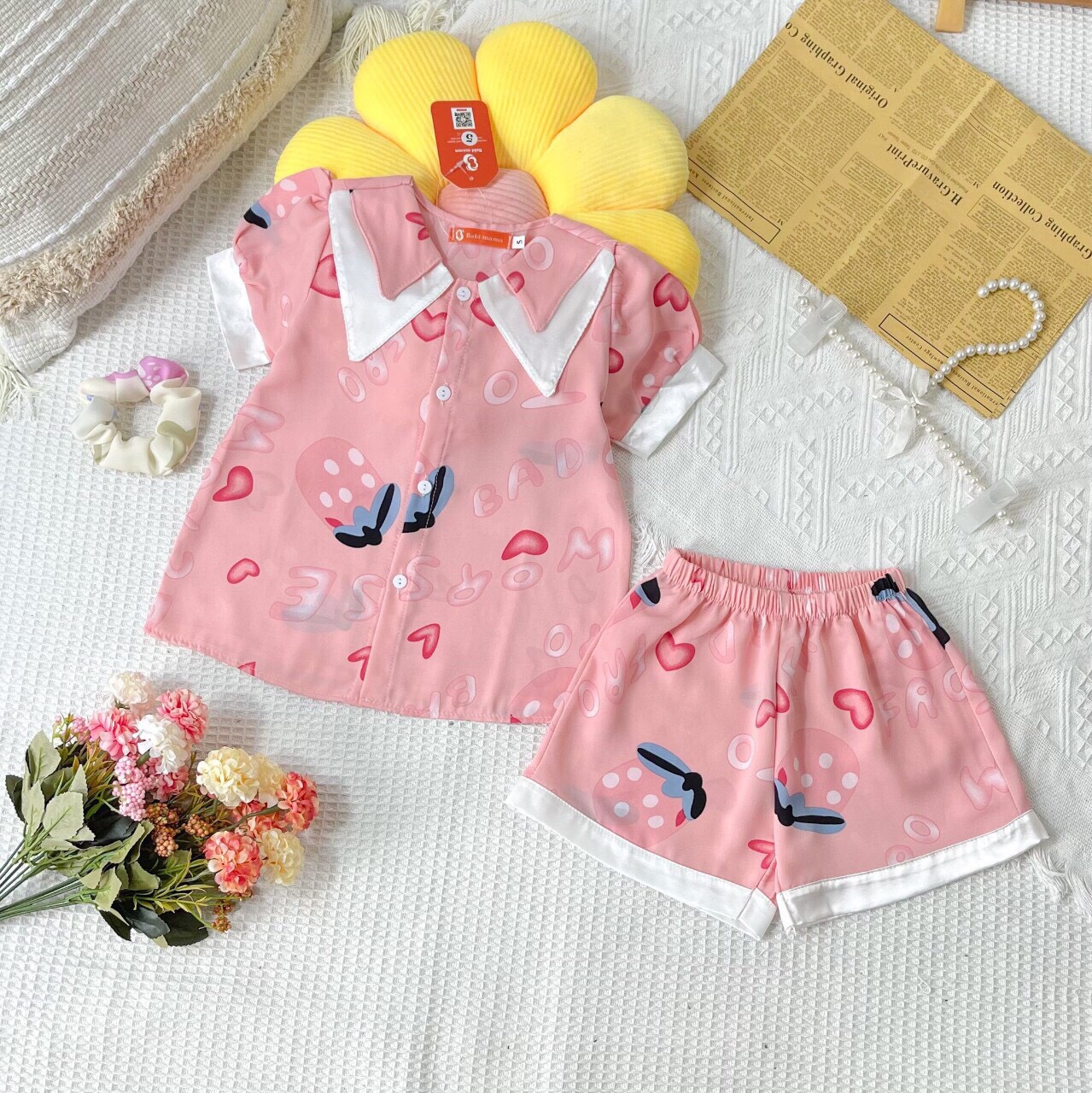 Bộ Đồ Ngủ Pijama Cộc Đùi cho  Bé Gái  Mặc Nhà Lụa Mango