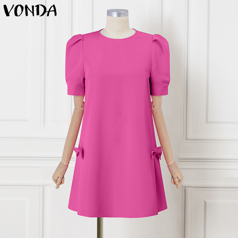 VONDA%20Women's%20Girly%20Style%20Short%20Sleeve%20A-Line%20Dresses%20Bowknot%20Crew%20Neck%20Mini%20Dress%20(Korean%20Floral)%20#4%20-%20Image%203