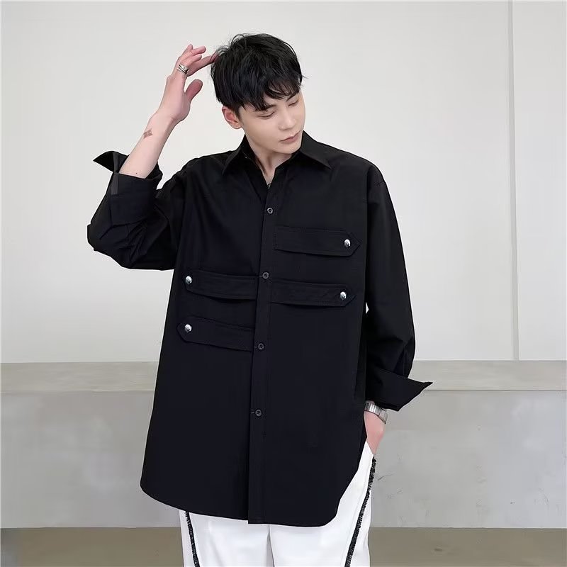 Lansboter fashion shirt Men's long-sleeved shirts handsome casual shirt Loose shirt jacket hairstylist shirt