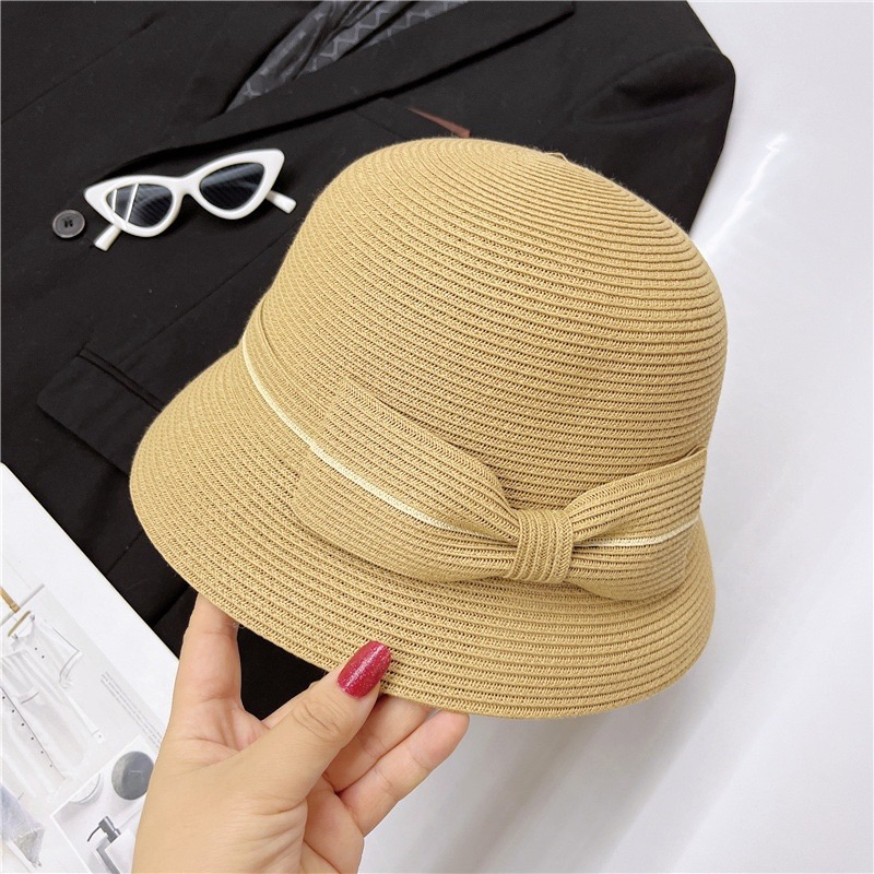 Mũ cói vành nhỏ cụp đính nơ chất mềm đẹp