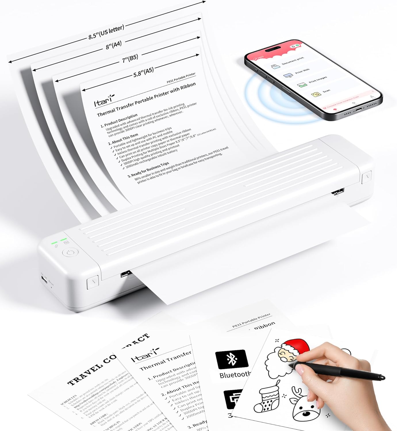  Phomemo M832 Portable Printer,Upgrade Portable Printers  Wireless For Travel,Bluetooth No Ink Printer Support 8.5 X 11 US Letter &  A4 Thermal Roll Paper,Compatible
