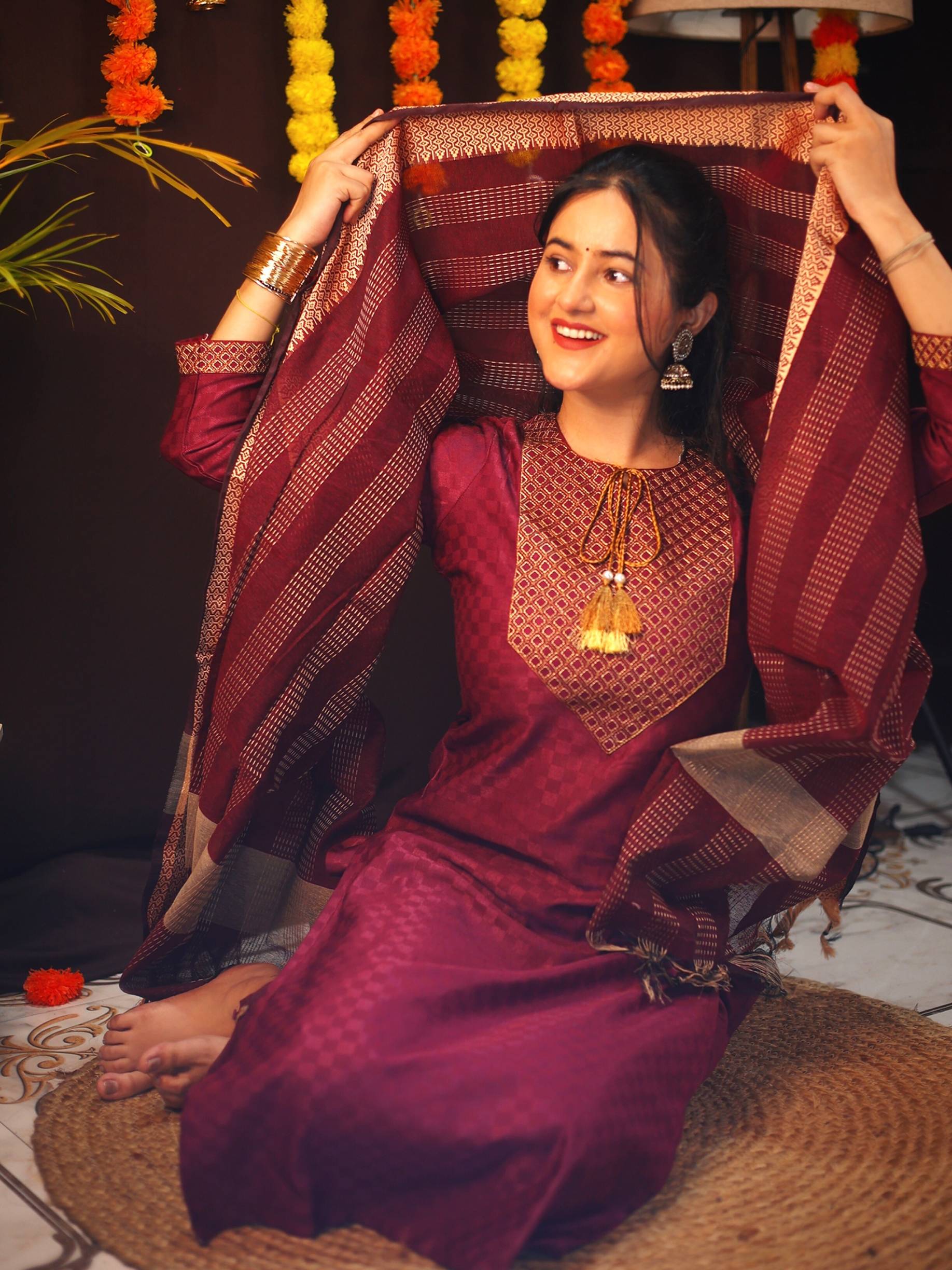Women Cotton Blend Kurti Pant Dupatta Set Traditional Ethnic wear for Occasion Casual Festive Party Wedding. 