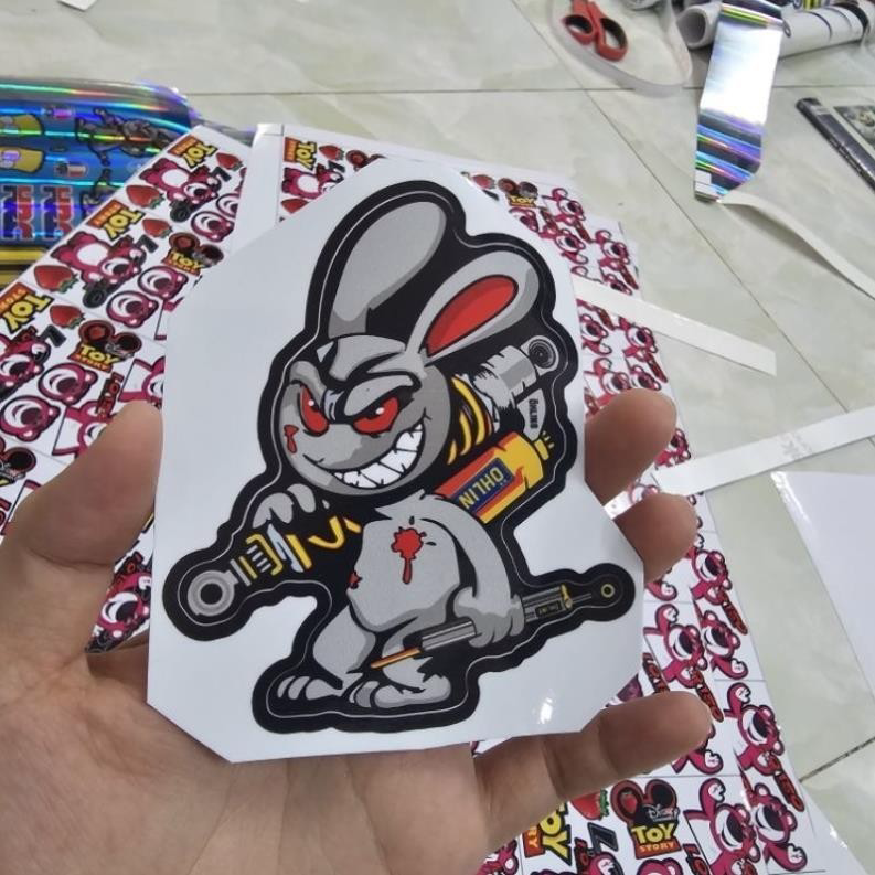 Tem sticker thỏ điên cầm phuộc OH 10cm