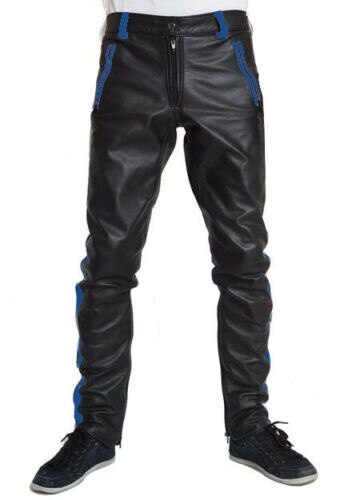 Men's COWHIDE LEATHER PANTS COLOR STRIPES BIKERS PANTS