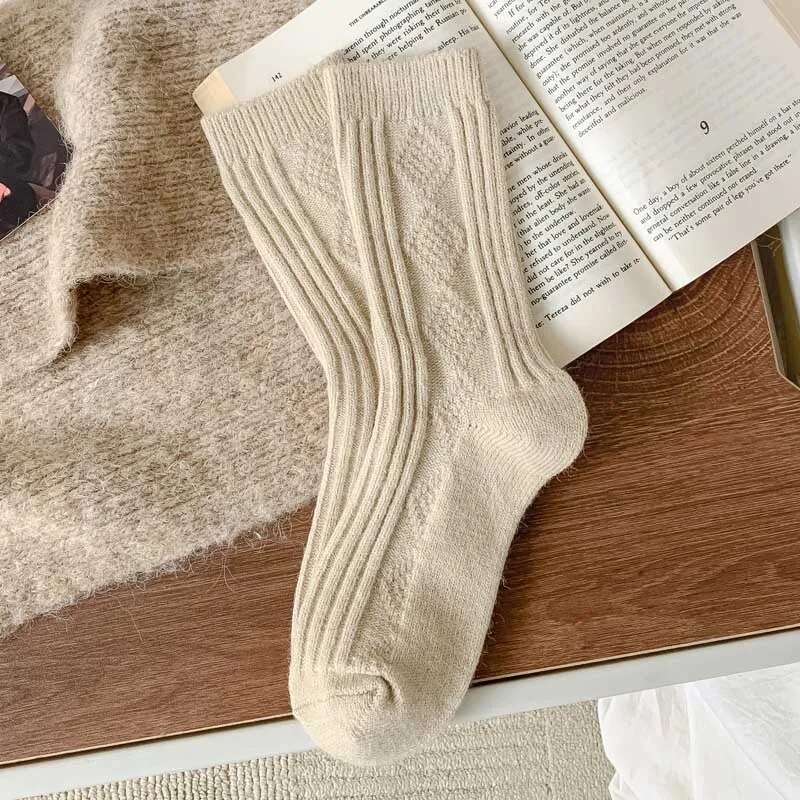 Fashion Knitted Sock Women Autumn Winter Cashmere Wool Thicken Warm Sox Japanese Harajuku Solid Color Thermal Home Long Socks