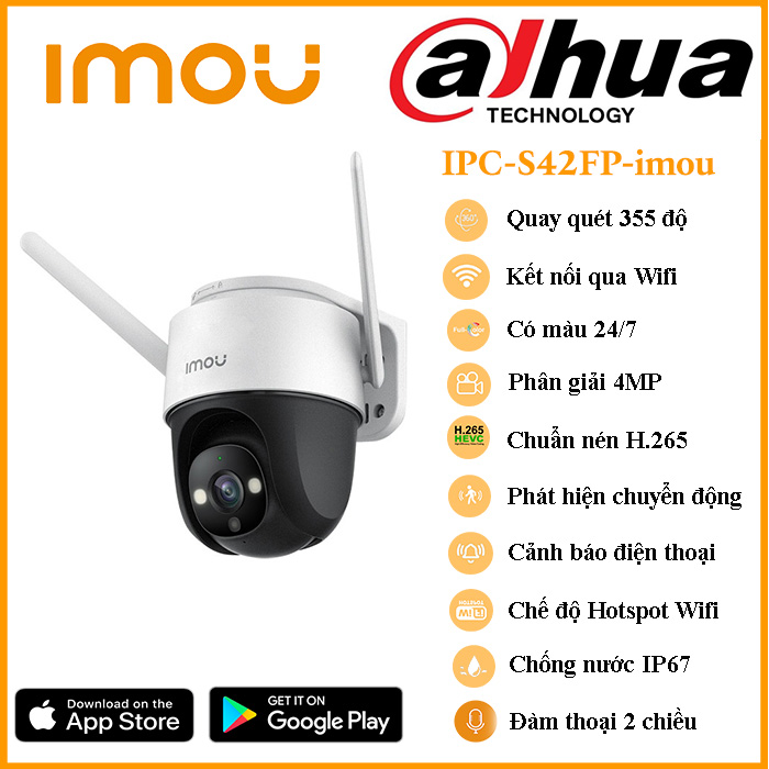 Camera imou cruiser s42fp - 4mp, 2k quadhd, ptz siêu nét ip wiffi, zoom 16x