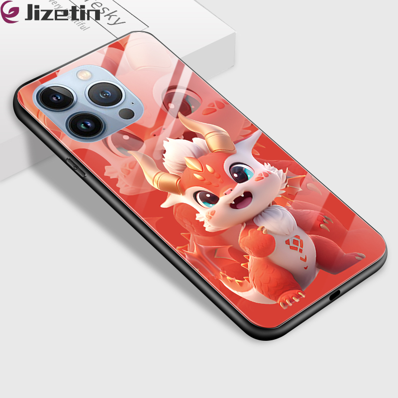 Jizetin Casing Case For iPhone 14 Plus iPhone 14 14 Pro 14 Pro Max Shockproof Cartoon 12 Symbolic Animals Dragon Pattern Series Tempered Glass Housing Cover