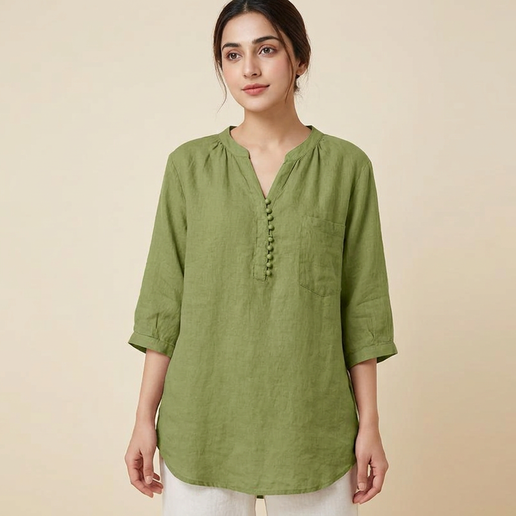 Women V Neck 3/4 Sleeve Solid Shirt 2023 Casual Loose Blouse - Cotton Blusas