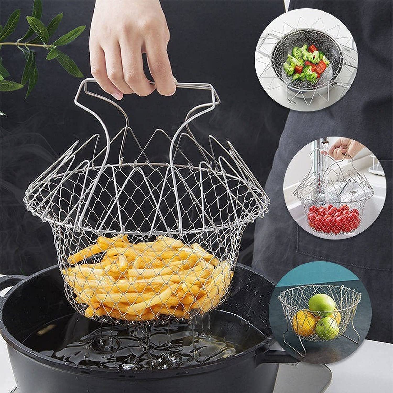 Cooking Tool Foldable Steam Frying Basket Drainage Rack for Fried Food and Fruits