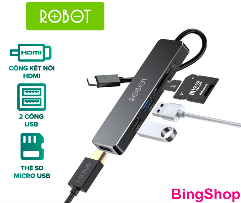 Hub usb-c chuyển đổi đa năng 5 in 1 type-c to usb 3.0/hdmi/pd/sd/tf robot ht240s