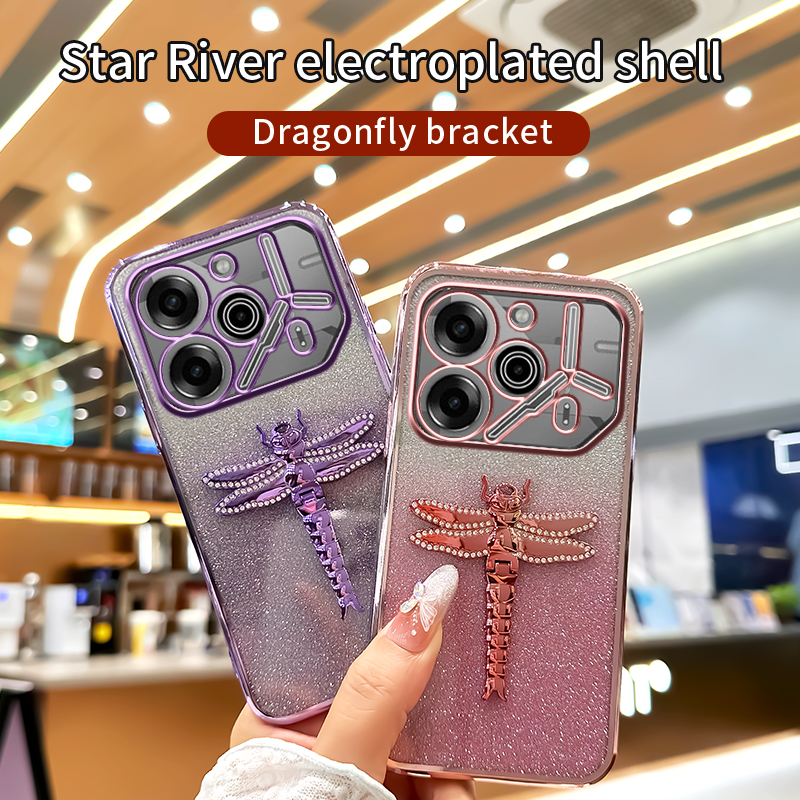 Phone case For Tecno Pova 6 Pro / Tecno Pova 5 Pro case shell Sparkling Gleaming 3D Cartoon Crystal Dragonfly Phone Holder Ultra-thin Silicone Transparent Soft Shell Cases Housing.