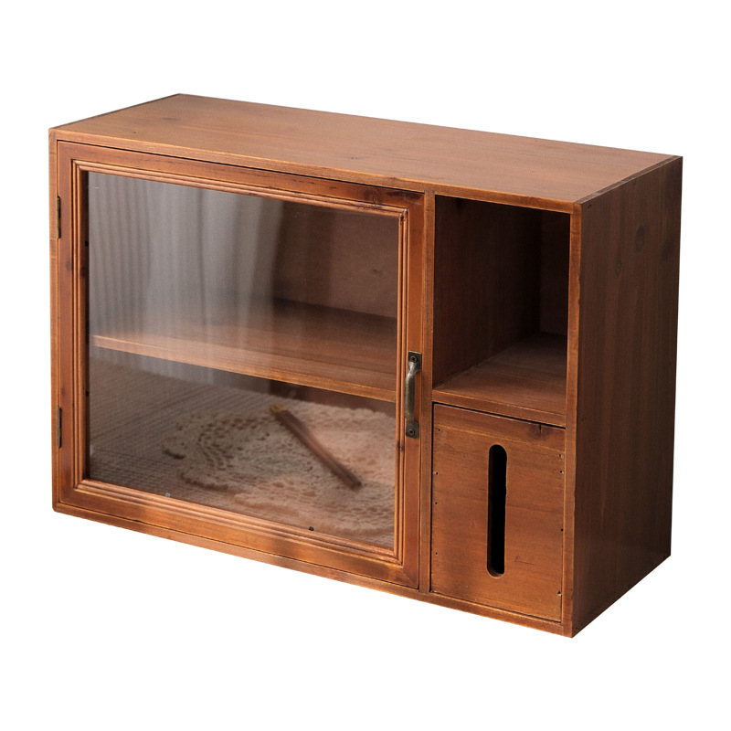 Storage rack with tissue box retro double-layer wooden tea set desktop storage box cup dust-proof cabinet