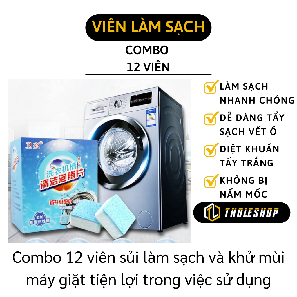 Viên vệ sinh lồng giặt - Hộp 12 viên sủi làm sạch và khử mùi máy giặt - Viên tẩy máy giặt, sủi sạch vi khuẩn, sạch cặn lồng máy giặt
