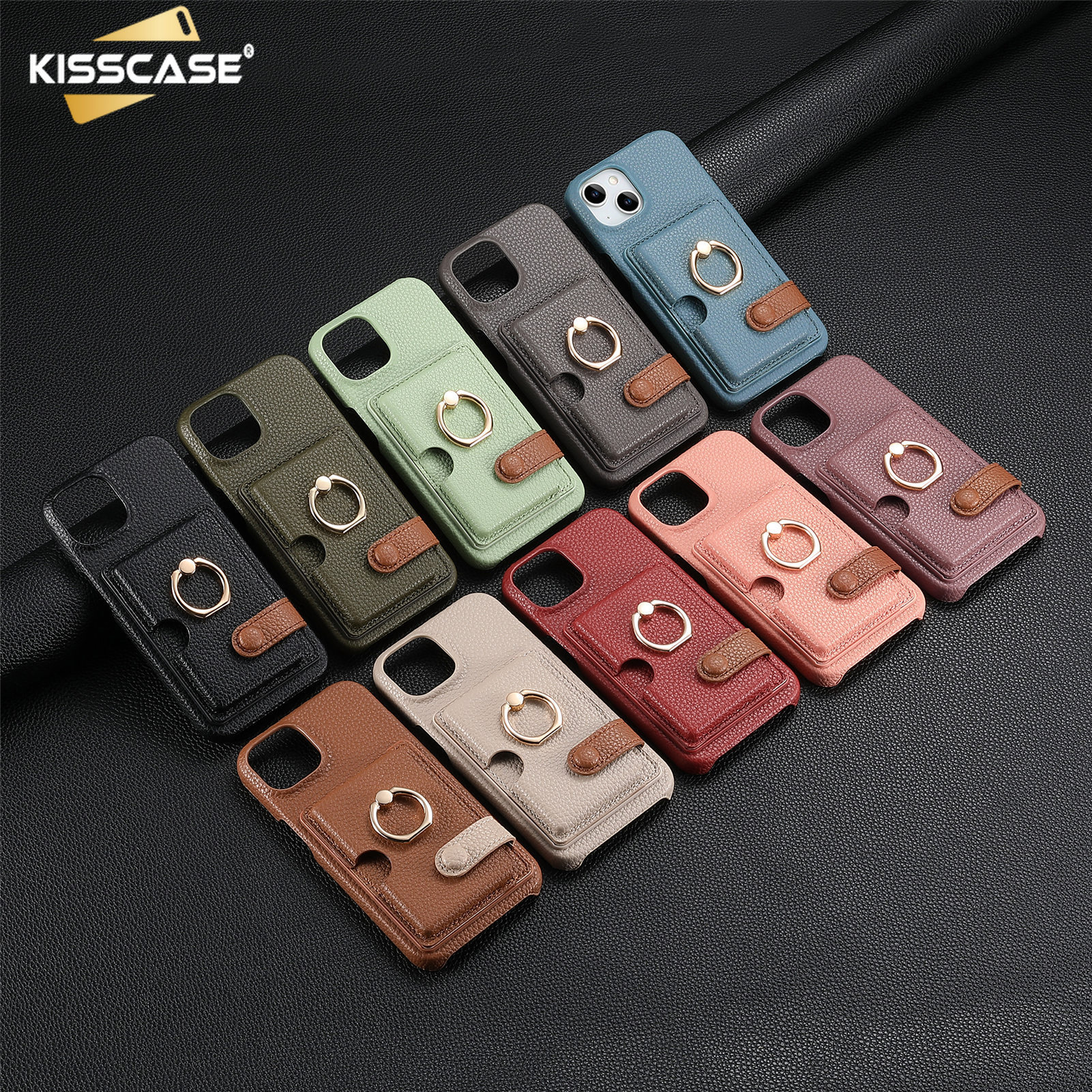 KISSCAE Pure Color Lychee Pattern Metal Ring Bracket Wallet Simple Leather Cars Slots Case For iPhone15Promax Phone Case Card Holster iphone 14 pro max Protective Cover iphone Case Flip Holder Stand Back Cover For Apple15 Pro Max 14 Plus 13 12 11