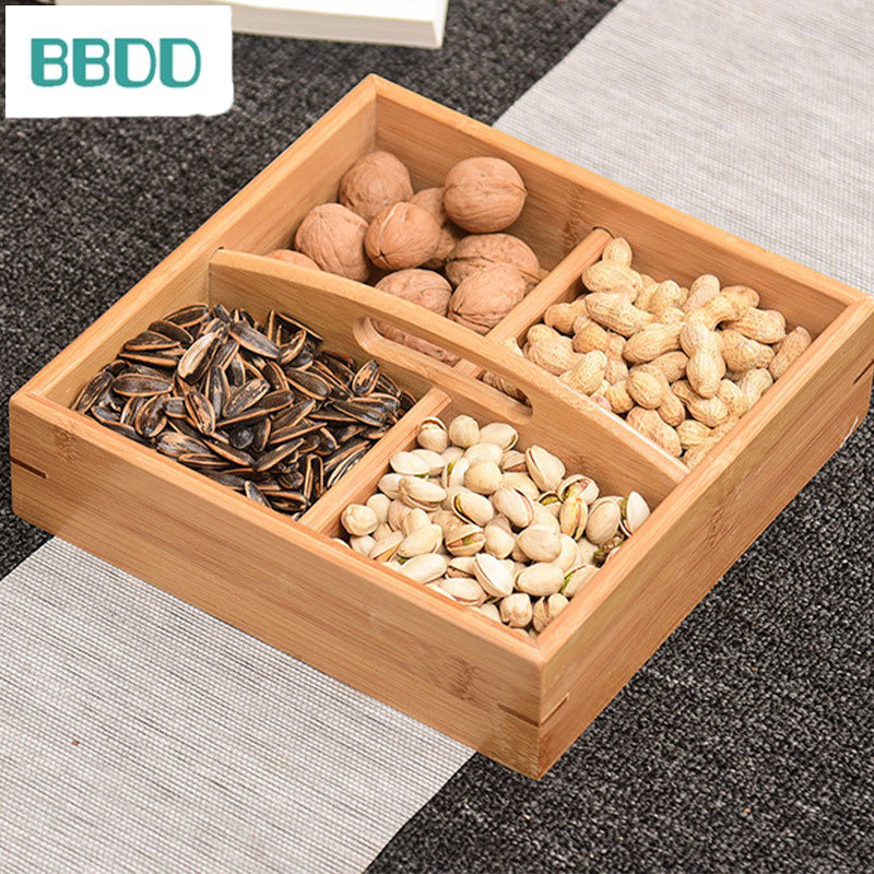 Bamboo Wedding Candy Storage Box with Cover Wedding Box Fruit Plate Dried Fruit Box Melon Seed Plate Handle Snack Nut Box