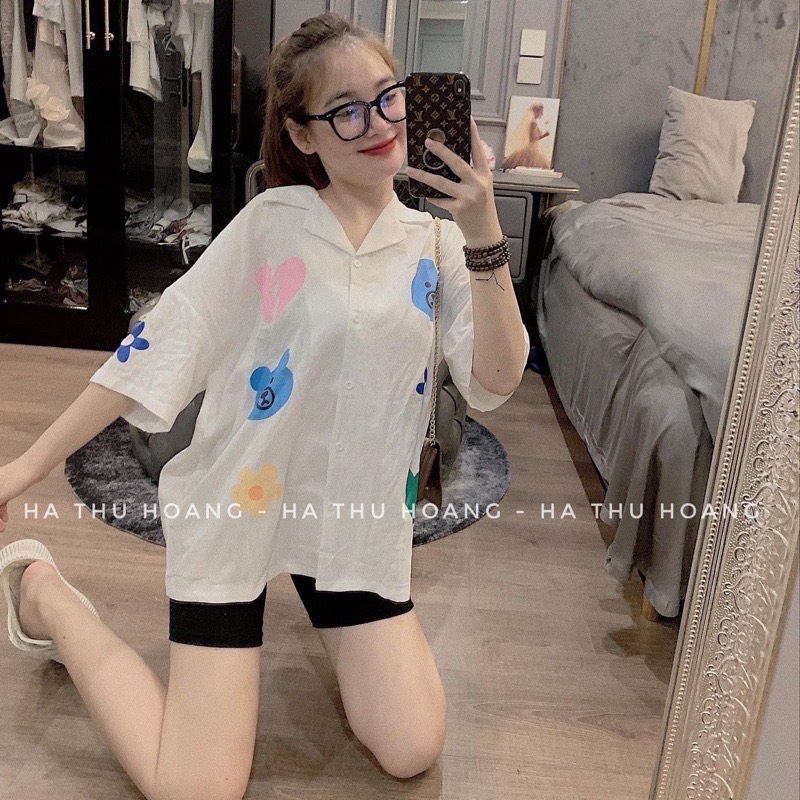 Set Bộ Đồ Nữ Áo Sơ Mi Tim Phối Quần Legging Co Giãn