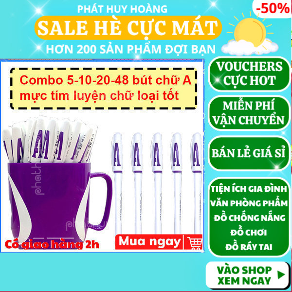 Ly 48 cây bút gel chữ A chất lượng cao ngòi 0,5 huyền thoại, bút nước chữ a màu tím đựng trong cốc tiện lợi cho học sinh, bút chữ a mực tím luyện chữ đẹp có nắp đậy ,đồ dùng học tập , Phát Huy Hoàng