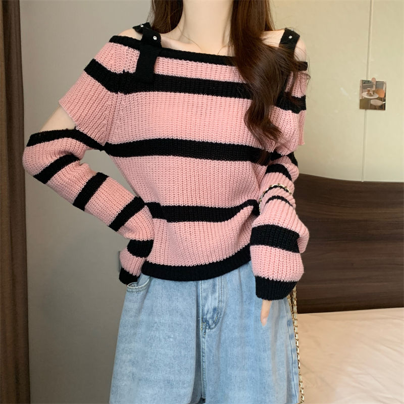 Korean style striped off-shoulder sweater for women 2023 new design long-sleeved one-shoulder top