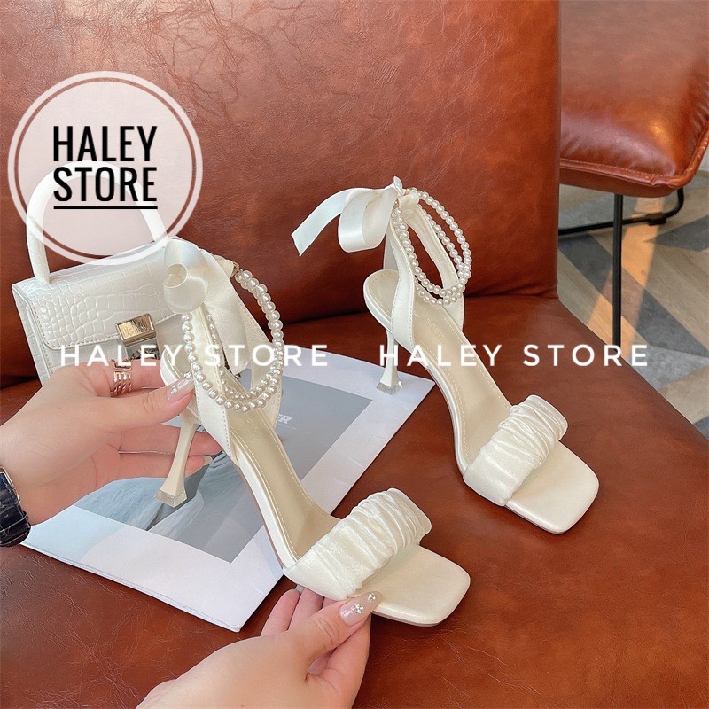 Giày sandal nữ HALEY STORE cao gót 9cm quai ngang nhúm nhún đính cổ ngọc nơ lụa quấn cổ chân đi tiệc cưới cô dâu tiểu thư