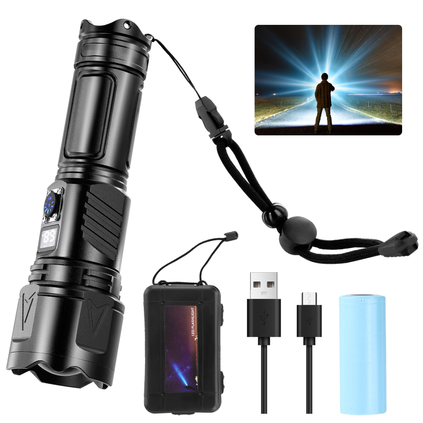 Đèn pin Led siêu sáng, đèn pin sạc mạnh mẽ, đèn pin USB với zoom và 26650 B/A/T/E/R/Y/, đèn pin để cắm trại LED sáng và sử dụng thường nhật.