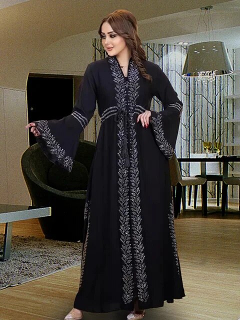 【Trending Now】 Eid Dress For Women Dubai Kaftan Dresses Flare Sleeve Abaya Jalabiya Turkey Ramadan Party Abayas Robe Belt Caftan.