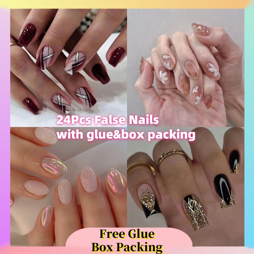 BTS 【WITH GLUE】24Pcs Fake Nails Pattern French False Nails Wearable Press on Nails Artificial Nails
