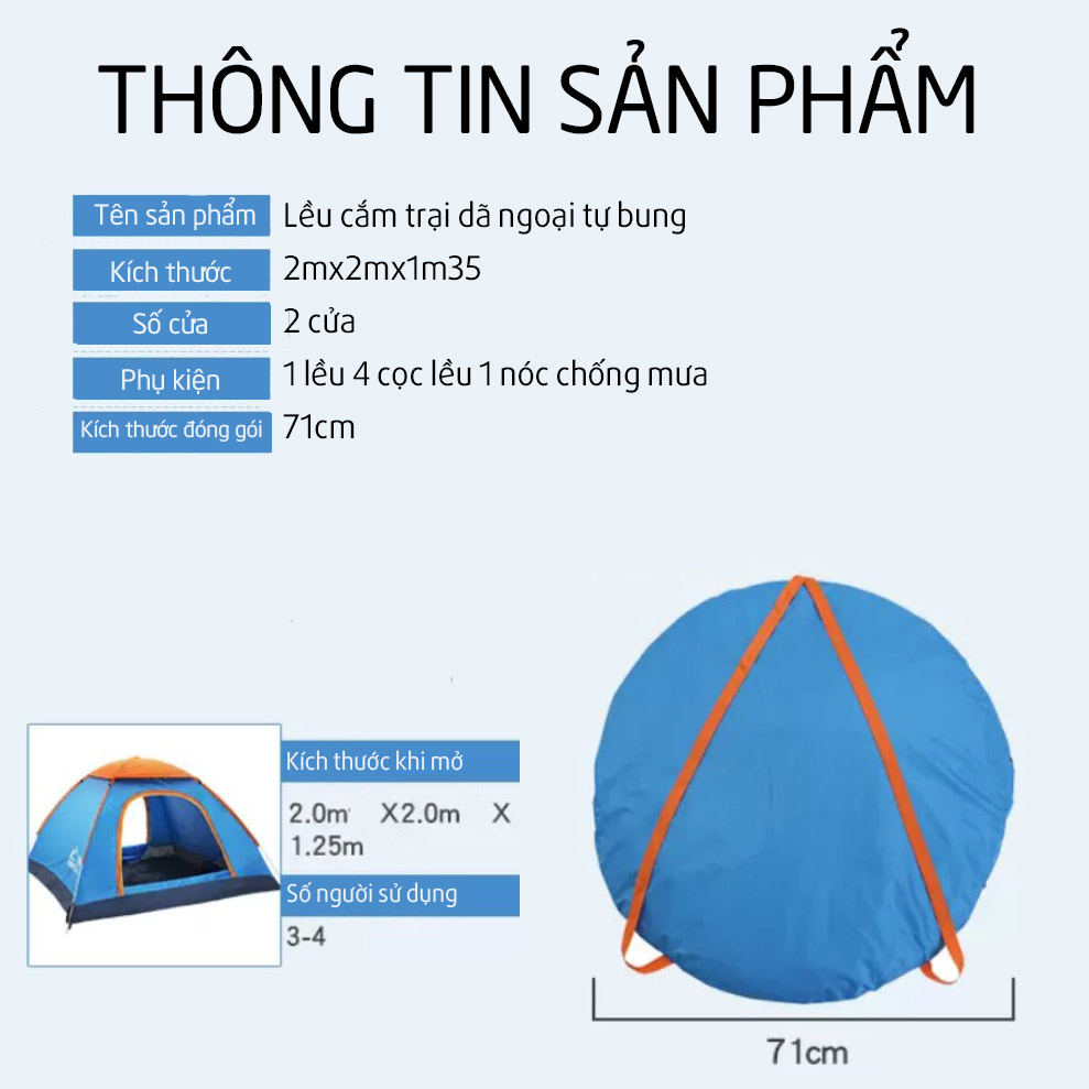 Lều cắm trại dành cho 4-6 người cỡ chuẩn 2mx2m