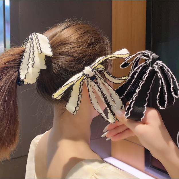 Kẹp Tóc Dọc Phụ Kiện Tóc Tiên Đính Nơ Ruy Băng Lụa Mờ Viền Bô Đê