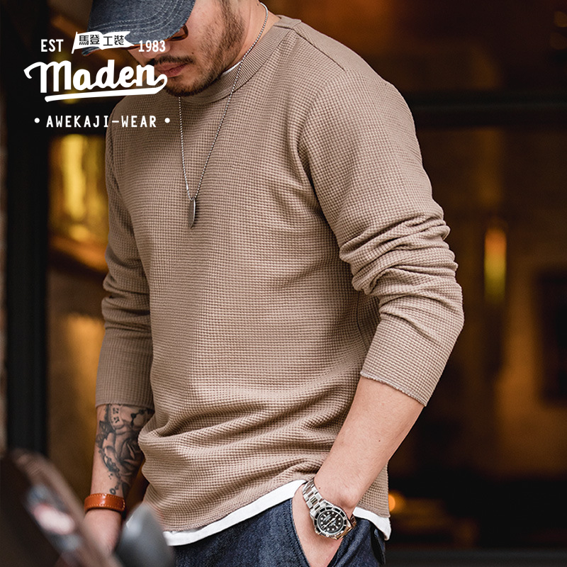 Maden brand tooling style 2023 autumn new men youth Japanese retro 300g waffle round neck T-shirt sweater three needle boy long-sleeved thin bottoming shirt