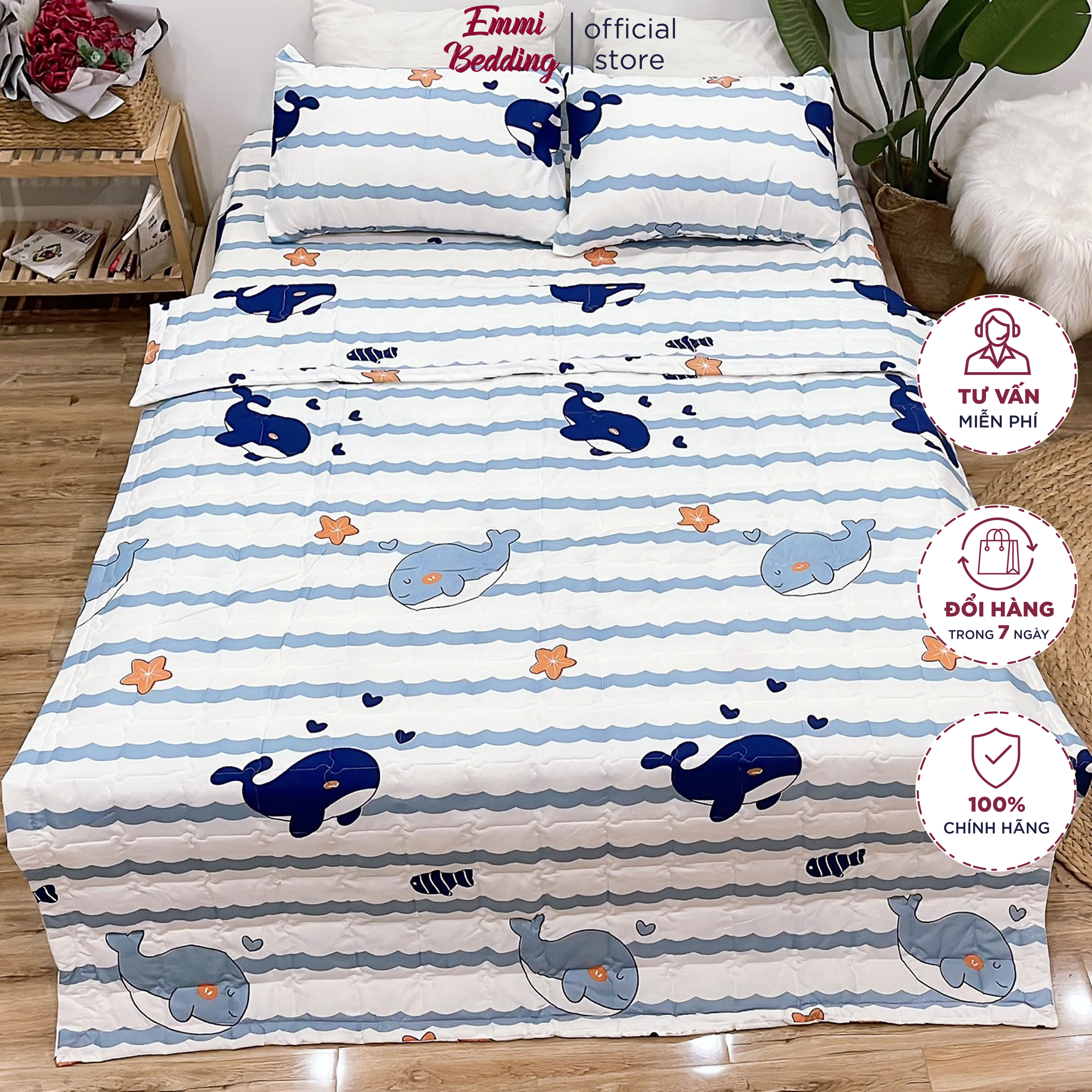 Bộ ga gối cotton chăn hè trần bông set 5 món EMMI BEDDING mẫu Cá heo mới bắt mắt, ấm áp