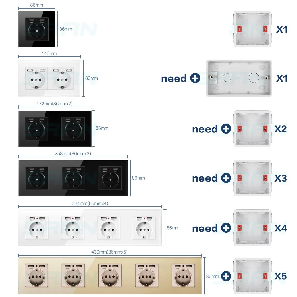 orfvqu98 Wall mounted power supply 2/3/4/5-way EU plug socket 220V 16A crystal glass panel multi jack USB charging