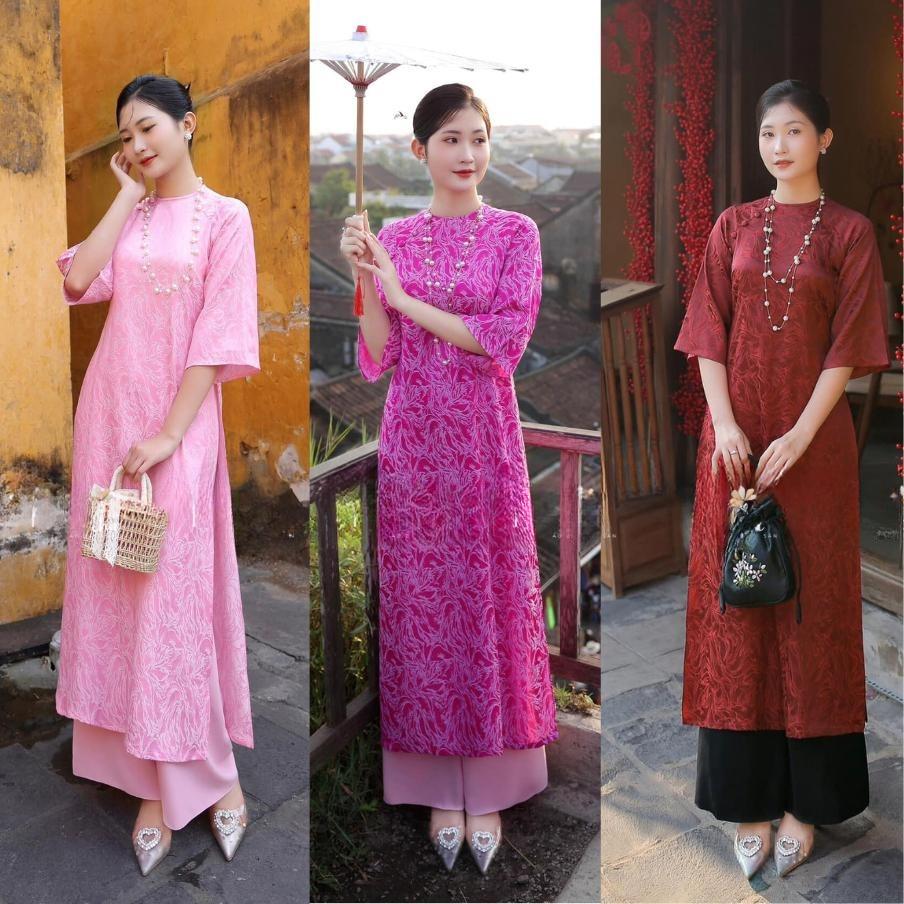 Áo Dài Cách Tân Gấm Thượng Hải Dáng Suông Cổ Tròn Tay Lỡ Loa Kết Hợp Hiện Đại Truyền Thống – Thiết Kế Thanh Lịch Mặc Tết, Đi Chùa, Tiệc, Chụp Ảnh – Mieso Store