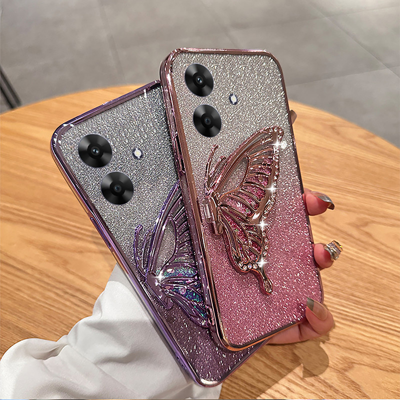 For Realme C61 C63 Note 60 Note 50 Case Diamonds butterfly holder shiny hourglass of quicksand transparent soft silicone for Realme Note 50 Note 60 C63 C61 Back Cover