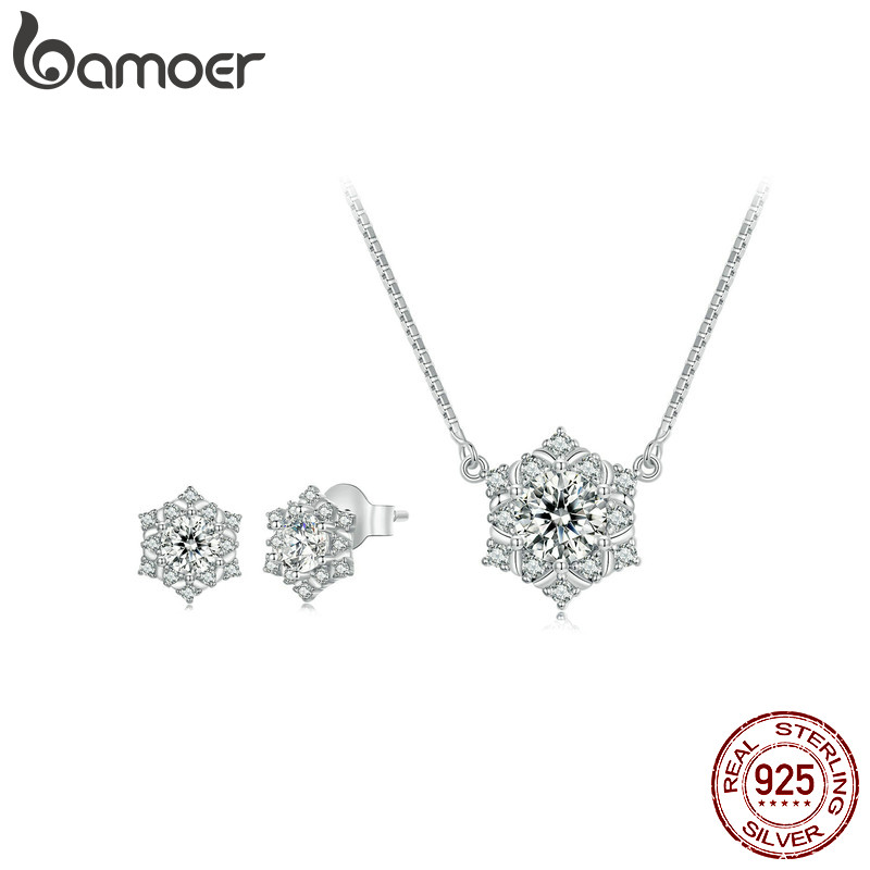 BAMOER 925 Sterling Silver Snowflake Earrings Pendant Necklace For Women Fashion Jewelry set ZHS325